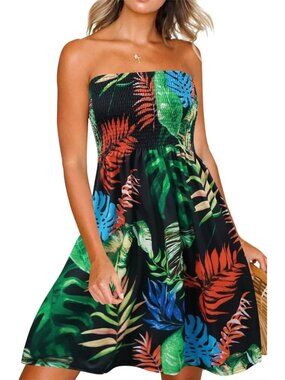 Women's Print Black Green Sundress Casual Beach Strapless Cover Up Mini Dress